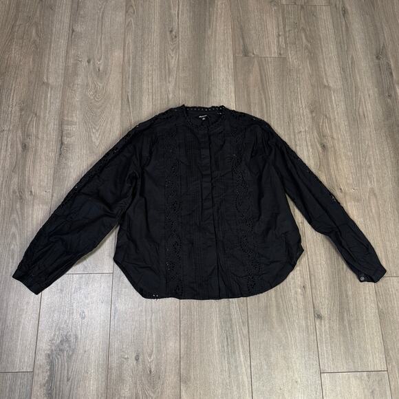 Madewell Lace-Inset Pintucked Button-Up Top Womens M Black Long Sleeve Eyelet - Picture 4 of 8